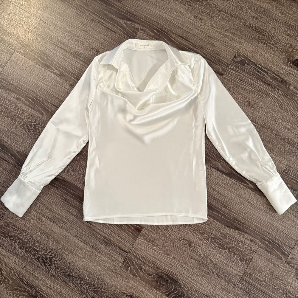 Commense V-Neck Pleated Long Sleeve Blouse